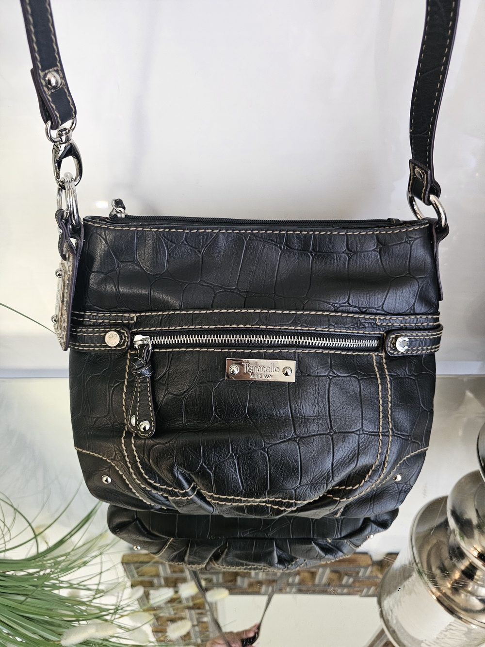 Tignanello Black Croc-Embossed Leather Crossbody with Contrast Stitching